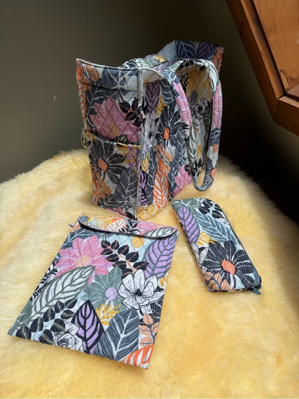 Vera Bradley Quilted Floral Tote in Multi Bundle Zip Case IPad Case Velcro Close